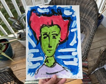 Retrato abstracto original en verde y azul - Pintura vibrante en técnica mixta, acrílico y tinta - 23 x 30 cm