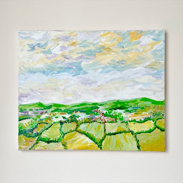 Green Fields and Summer Sky | Acrylic Landscape Painting on Canvas | Collectible Artwork | Modern Minimalist Artwork | 16x20 canvas