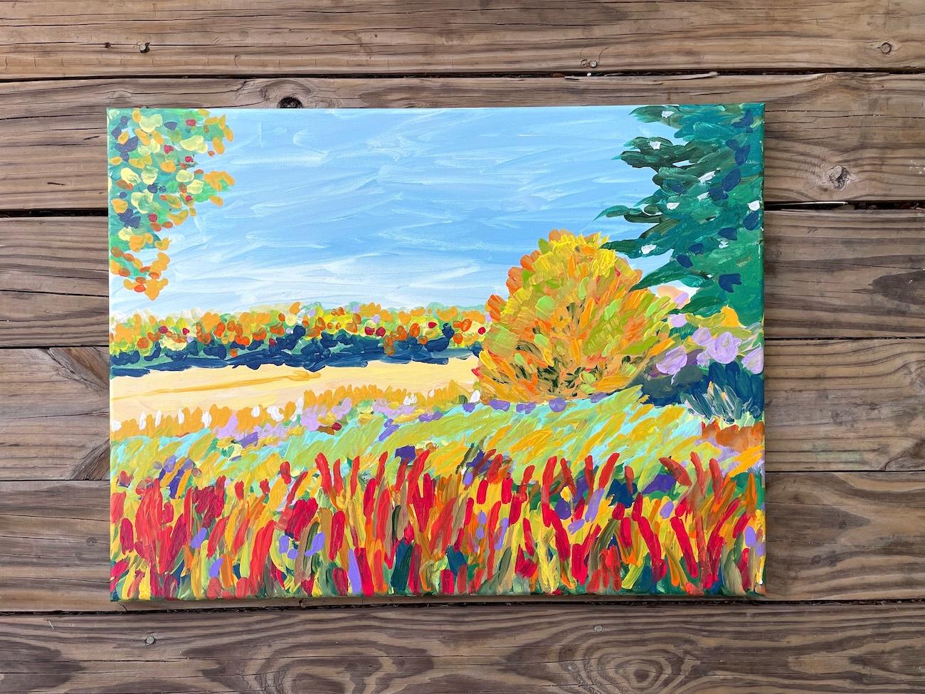 鮮やかな風景画 キャンバスに描かれたアクリル画 - 秋の色彩 - 印象派