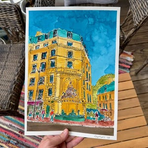 Handcrafted Ink and Watercolor Artwork of Parisian Architecture, Cuvier Fountain