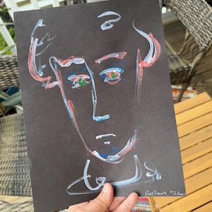 Abstract Acrylic Painting on Black Paper, Red Portrait, Contemporary Original, Minimalistic Artwork