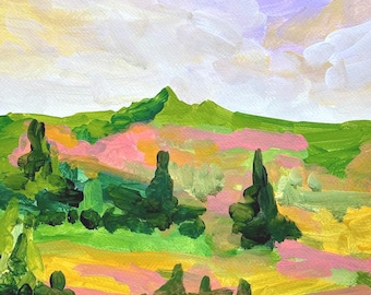 Paisaje acrílico colorido: colinas y cielos vibrantes. Obra de arte original sobre papel.