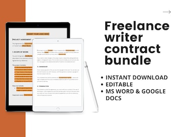 May include: A digital image shows a freelance writer contract bundle on a tablet and a smaller tablet. The text on the image says "Freelance writer contract bundle" and "Instant Download, Editable, MS Word & Google Docs."