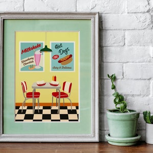 Retro Diner Illustration, Retro Posters, American Art, Wall Deco Art, Home Decor, Kitchen Art, Vintage | Art Print 8 x 10 inch