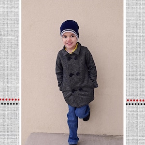 May include: A young person wearing a gray pea coat with black buttons, blue jeans, and a navy blue beanie. The person is standing in front of a white wall. The image is titled "Finn's Pea Coat".