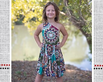 Kids One-Shoulder Dress Sewing Pattern: Knit Bodice & Circle Skirt, Sizes 2-14 Madelyn's (PDF Pattern)