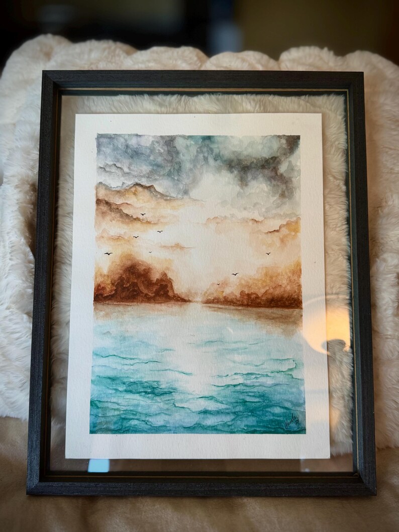 Original Watercolor Landscape Painting – Framed Ocean & Sky Wall Art ...