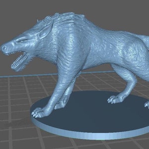 May include: A detailed 3D printed model of a wolf, painted in a light blue color. The wolf is standing on a round base, with its mouth open and teeth visible. The model is a realistic representation of a wolf, with fur details and a fierce expression.