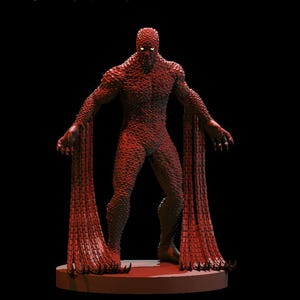 May include: A red, textured figurine of a humanoid creature with glowing yellow eyes. The figure has long, flowing appendages and stands on a circular base against a black background. The overall design suggests a fantasy or sci-fi theme.
