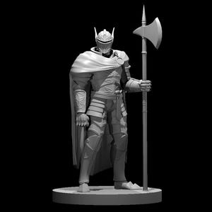 May include: A gray figurine of a knight in full armor, including a helmet, cape, and greaves. The knight holds a polearm with an axe head. The figure stands on a circular base against a black background.