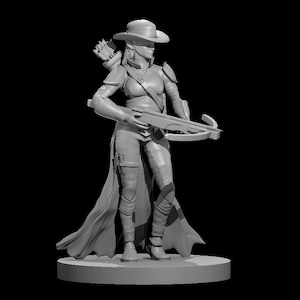 May include: A gray figurine of a female character wearing a hat and holding a crossbow. The character is wearing a long coat and has a quiver of arrows on her back.