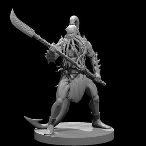 May include: A grayscale 3D-printed figurine of a humanoid creature with a spear-like weapon. The figure has a muscular build, with tentacle-like appendages and spiky armor. It stands on a circular base, ready for battle.