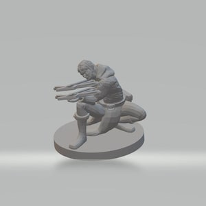 May include: A gray plastic miniature figurine of a person holding two weapons, standing on a round base.
