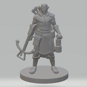May include: A gray 3D-printed figurine of a fantasy character, possibly an elf, holding a crossbow and a lantern. The figure has a quiver of arrows on its back and is standing on a circular base. The character is wearing armor and a hooded cloak.