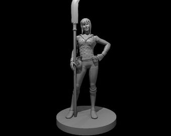 May include: A gray figurine of a woman holding a long, curved weapon. She is wearing a detailed outfit with a belt and a pouch. The figurine is standing on a round base.