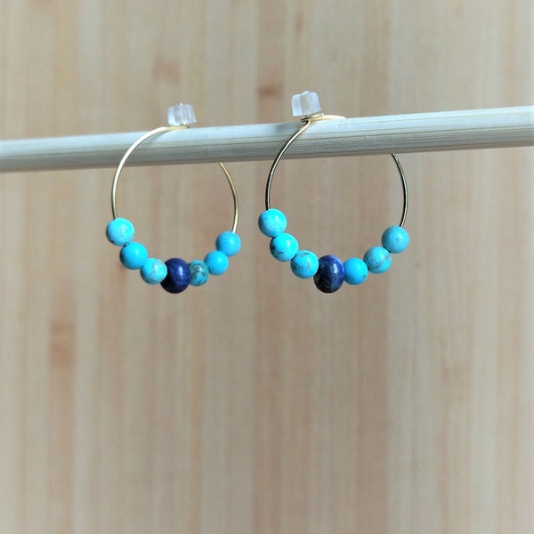 Boucles d'oreilles Créoles dorées Pierres naturelles fines Turquoise et Lapis Lazuli  anneaux 25 mm acier inoxydable élégante haute qualité.