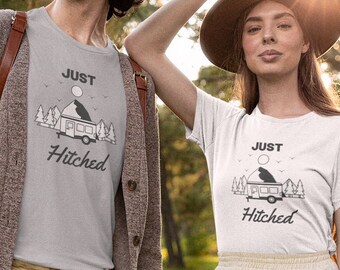 Just Hitched, Elopement Announcement Tee, mountain elopement, elopement gift, matching bride/groom shirts, wedding shower, Elopement gift