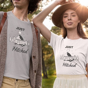 Just Hitched, Elopement Announcement Tee, mountain elopement, elopement gift, matching bride/groom shirts, wedding shower, Elopement gift