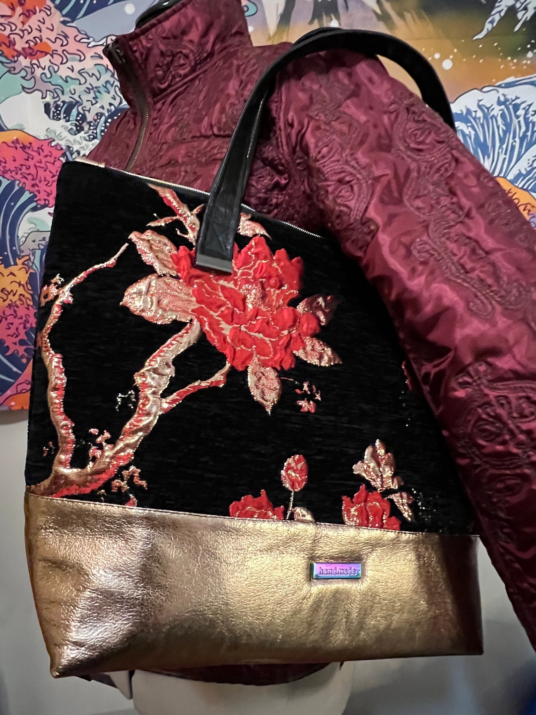 Black and Rose Gold Jacquard and Soft Vegan Leather Tote/shoulder Bag