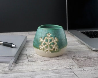 Snowflake Rustic Matte Green Handmade Wine Glass, Unique Handless Mug, Ocean Serene Glaze