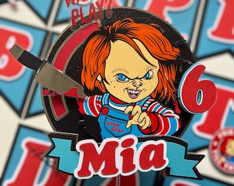 killer doll cake topper, chucky inspired cake topper, killer birthday cake topper, horror movie cake topper, horror movie decor