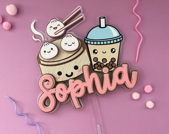 Personalized Dumpling & Boba Tea Cake Topper: Par-Tea Decorations