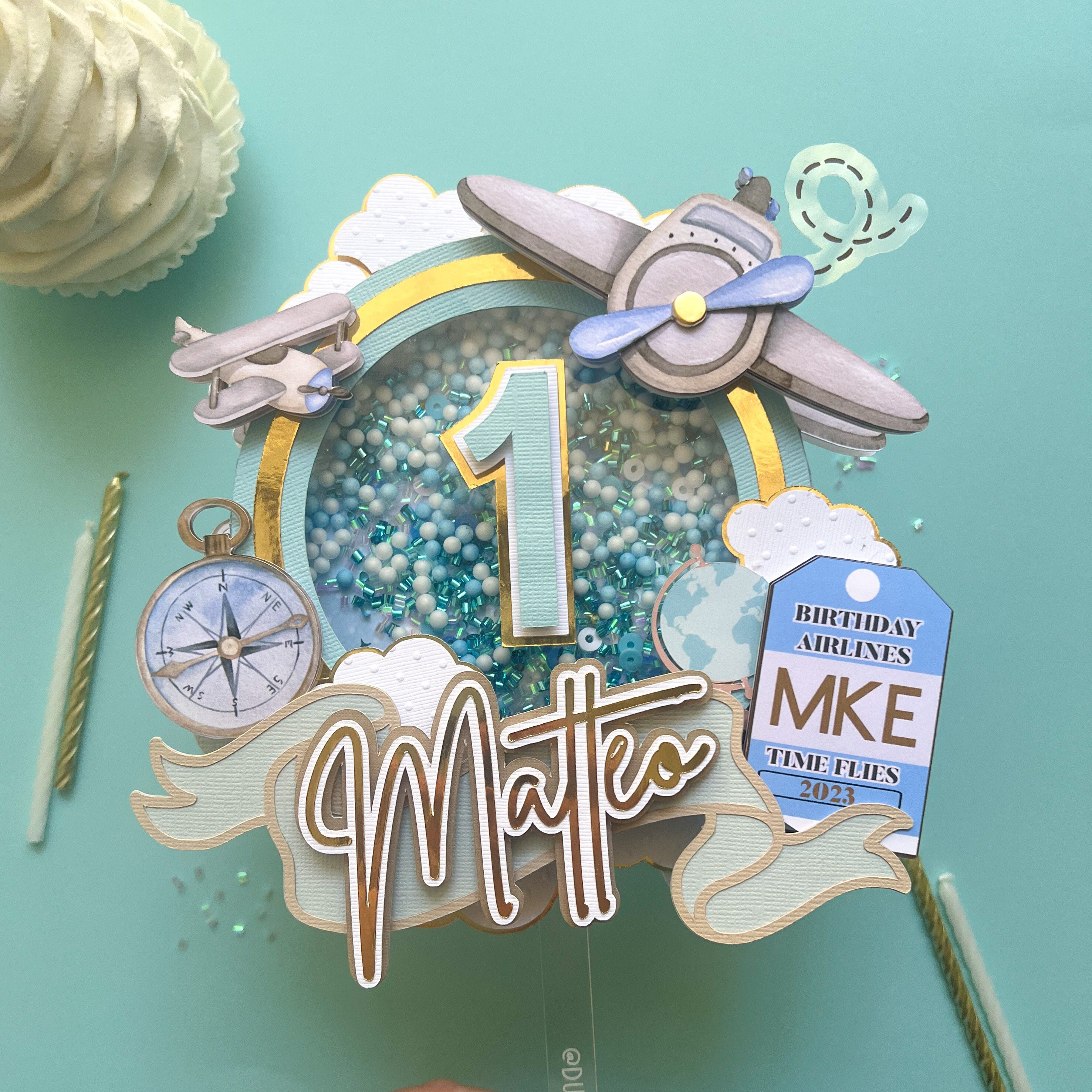 Time flies cake topper, vintage airplane cake topper, onederful world cake topper, travel cake topper