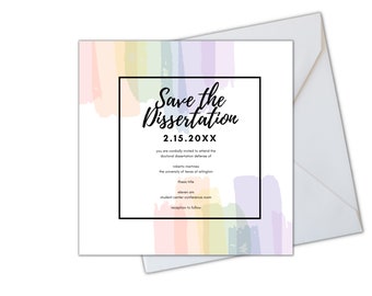phd defense invitation Dissertation Invitation PhD EdD Doctoral Defense Instagram Post Square Invitation (Rainbow Pastel Watercolor)