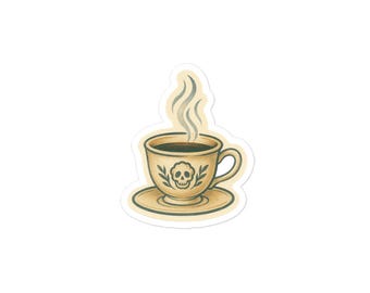 Op de afbeelding: Een sticker met een kopje koffie op een schotel, met stoom die opstijgt uit de donkere vloeistof. De beker heeft een schedel- en bladontwerp. De sticker is in tinten bruin, bruin en wit.
