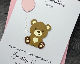 New Baby Card, Teddy Bear Design, Handmade And Personalized, New Parents/Grandparents, Baby Shower, Available In Various Colors.
