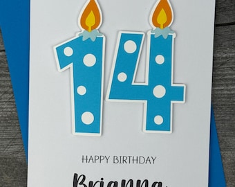 14th Birthday Card For Children, Candle Design. Handmade And Personalized For Girls And Boys, Available In Any Age In Various Colors.