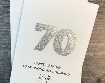 70th Birthday Card for Him or Her with Sparkly Glitter Number, Handmade And Personalized. Various Colors Available.