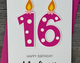 16th Birthday Card For Children, Candle Design. Handmade And Personalized For Girls And Boys, Available In Any Age In Various Colors.