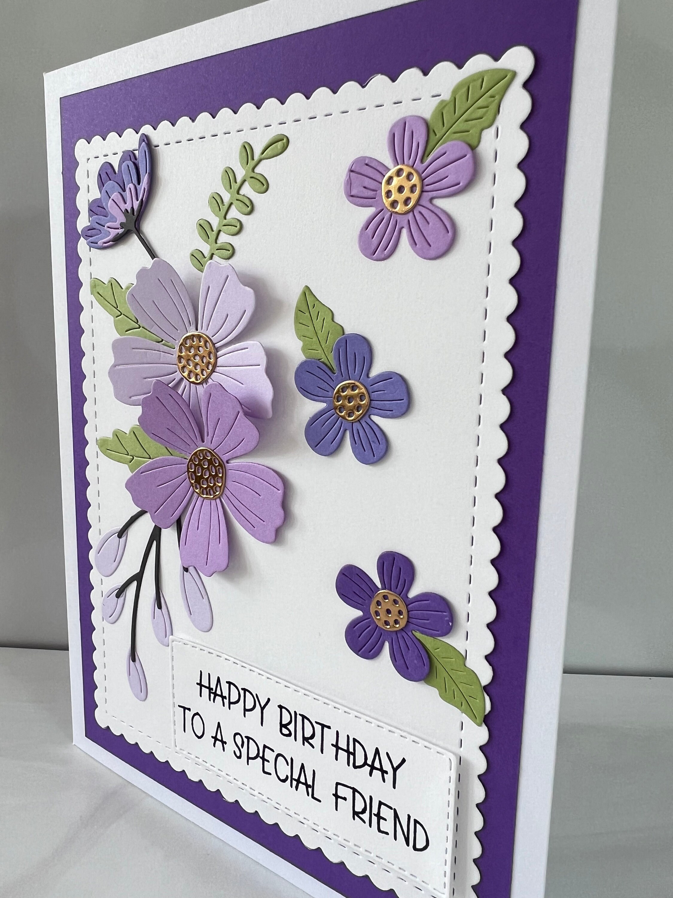 thumbnail image 2 of Floral Birthday Card For 80th Birthday - Special Eightieth Birthday Greeting Card - Paper Cut Flower Wreath Artwork - Purple And White Non 3D Artwork Female Birthday Card 2 of 10