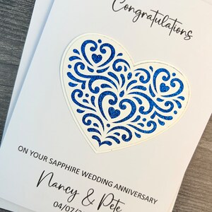 Sapphire Wedding Anniversary 45th Card With Heart Detail, Handmade and