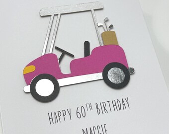 Birthday Card  Featuring A Golf Cart Design, Handmade And Personalized, Available In Various Colors, Personalize Your Own Greeting.