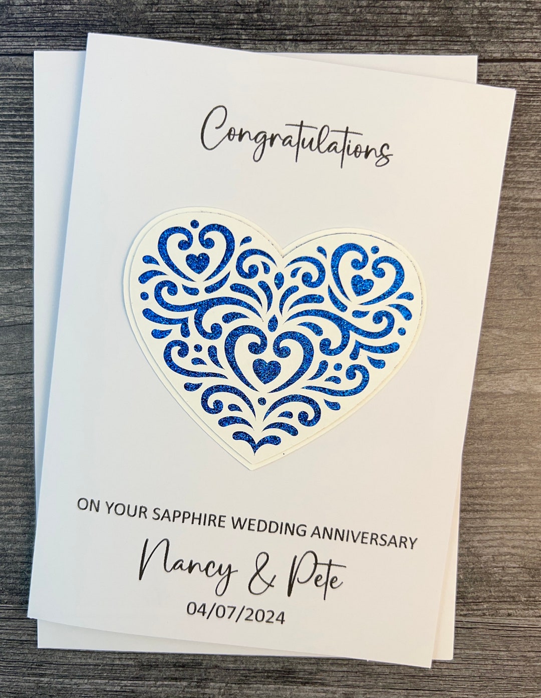 Sapphire Wedding Anniversary 45th Card With Heart Detail, Handmade and ...