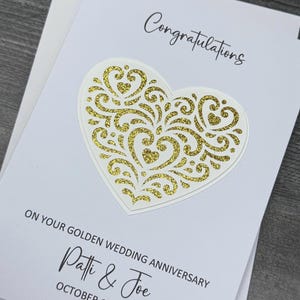 Golden Wedding Anniversary 50th Card With Heart Detail, Handmade And Personalized.