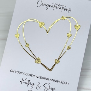 Golden Wedding Anniversary 50th Card, Elegant Hearts Design, Handmade And Personalized.
