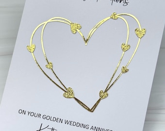 Golden Wedding Anniversary 50th Card, Elegant Hearts Design, Handmade And Personalized.