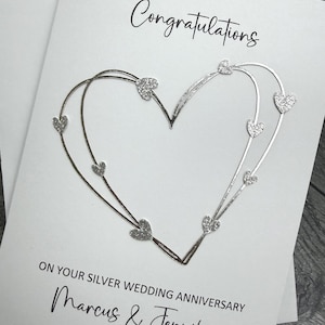 Silver Wedding Anniversary 25th Card, Elegant Hearts Design, Handmade And Personalized.