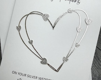 Silver Wedding Anniversary 25th Card, Elegant Hearts Design, Handmade And Personalized.