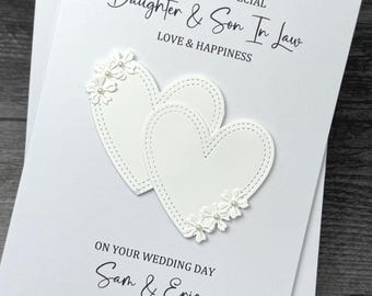 Wedding Day Card With Beautiful Hearts And Flowers Design, Handmade And Personalized. Son, Daughter, In Law, Family, Special Couple.