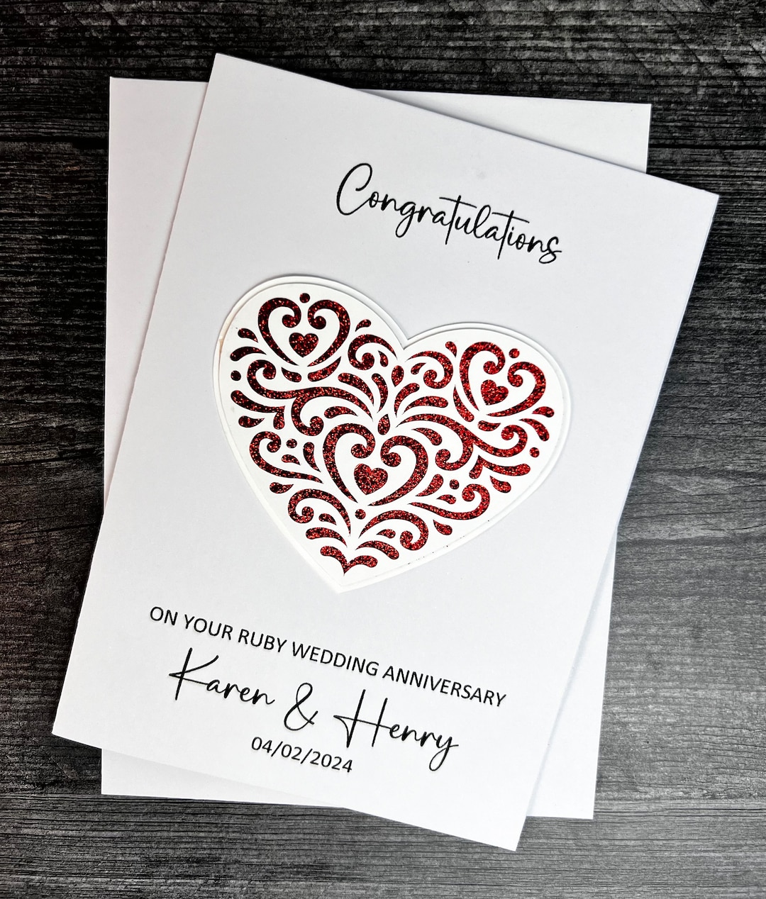 Ruby Wedding Anniversary 40th Card With Heart Detail, Handmade and ...