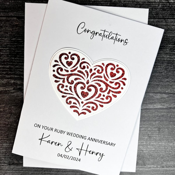 Ruby Wedding Anniversary 40th Card With Heart Detail, Handmade And Personalized.