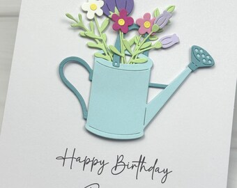 Flowers And Watering Can Birthday Card For Her, Handmade And Personalized, Customize Your Own Greeting, Mother’s Day, Thinking Of You.