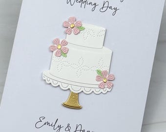 Wedding Day Card With Cake And Flowers Design. Handmade And Personalized. Customize Your Own Greeting. Various Colors Available.