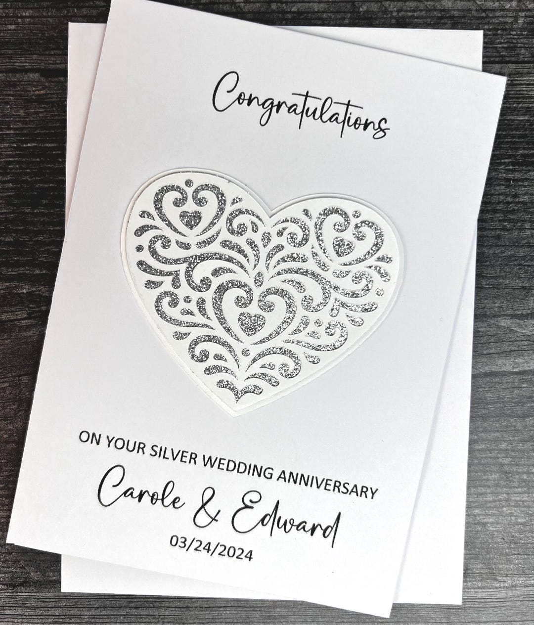 Silver Wedding Anniversary 25th Card With Heart Detail, Handmade and ...
