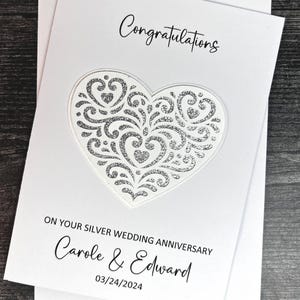 Silver Wedding Anniversary 25th Card With Heart Detail, Handmade And Personalized.