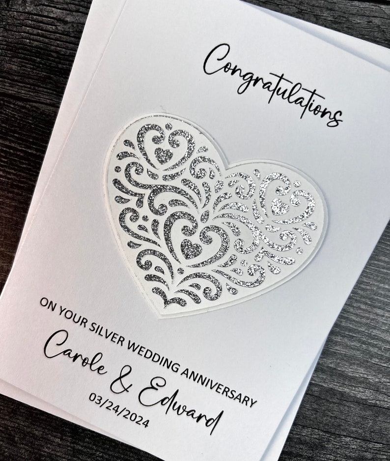 Silver Wedding Anniversary 25th Card With Heart Detail, Handmade and ...